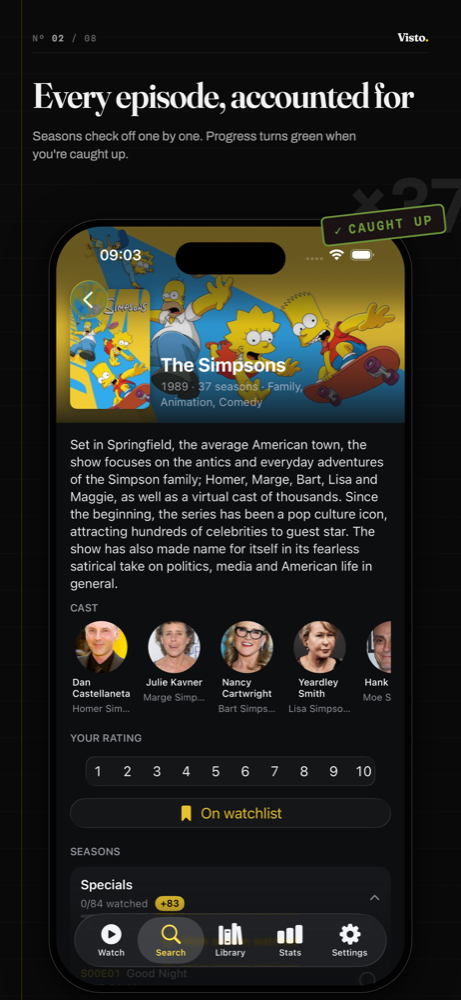 TV details screen with seasons, episodes, and watched progress