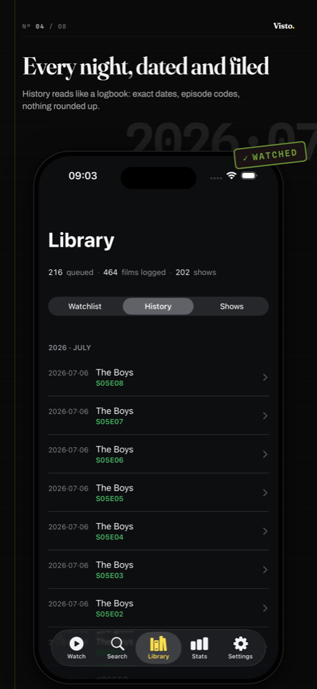 History screen showing dated watched entries and episode codes