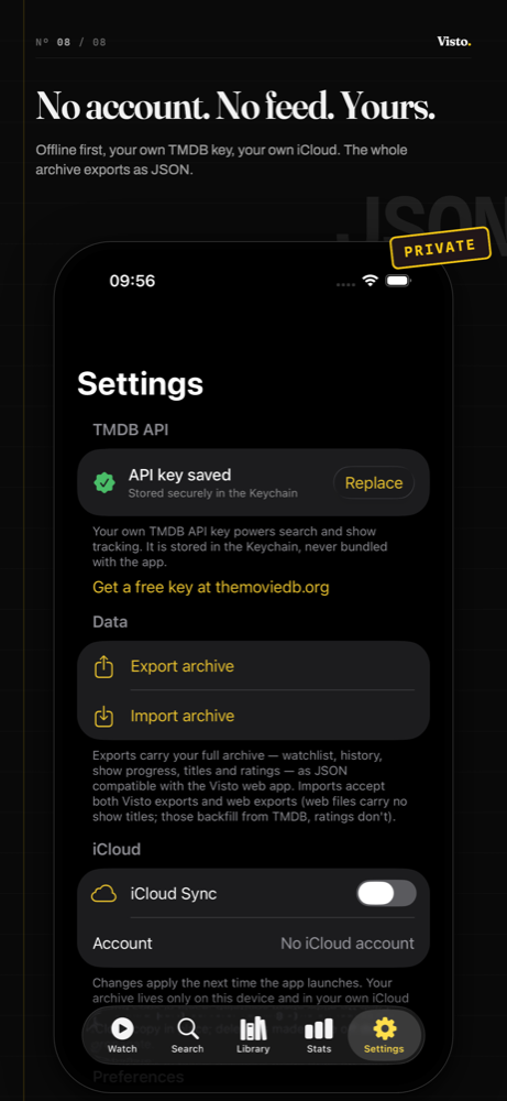 Visto settings preview showing offline first privacy, TMDB key, iCloud, and JSON export